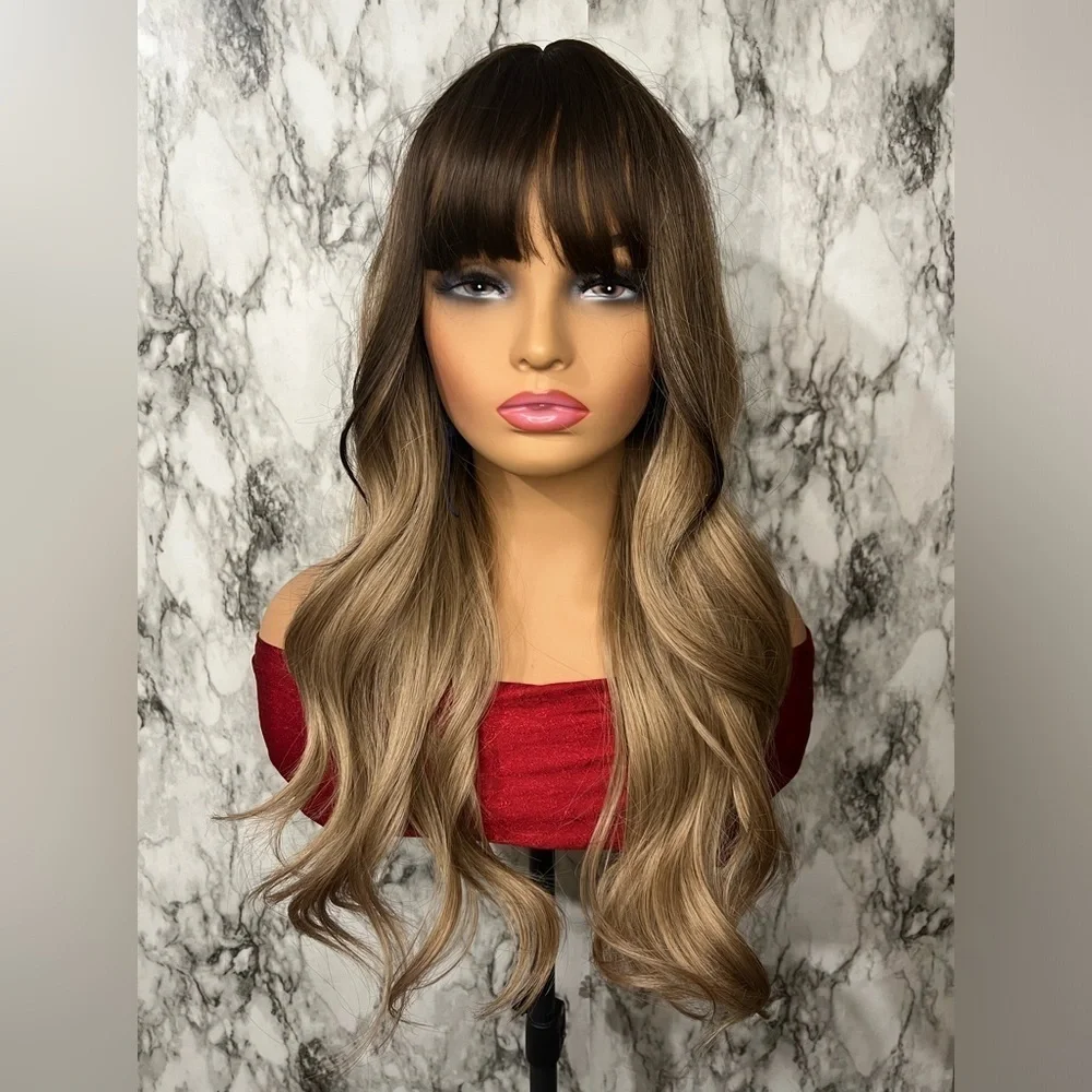 24 Inch. balayage Brown. & Medium ash Blonde Wavy wig with bangs | Natural look